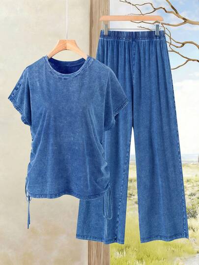 EMERY ROSE Mature Denim Conjunto de 2 piezas de top casual con cordón lateral y pantalones de mezclilla para tallas grandes