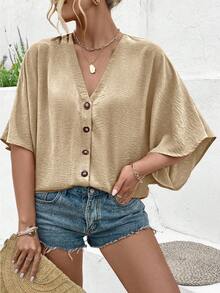 Ceyna Plus Size Women's Elegant Solid Color Jacquard V-Neck Raglan Sleeve Button Decor Beach Resort 2025 Spring/Summer New Versatile Blouse - Khaki - View 3