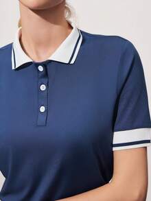 Gameset SHEIN Sport 女士撞色 Polo 领纽扣半开襟休闲百搭日常高尔夫 Polo 衫，短袖 - 藍色 - 查看 6