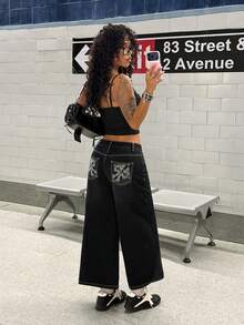 StreetHx 女士时尚复古直筒宽松牛仔裤，带腰带环 - 黑色 - 查看 1