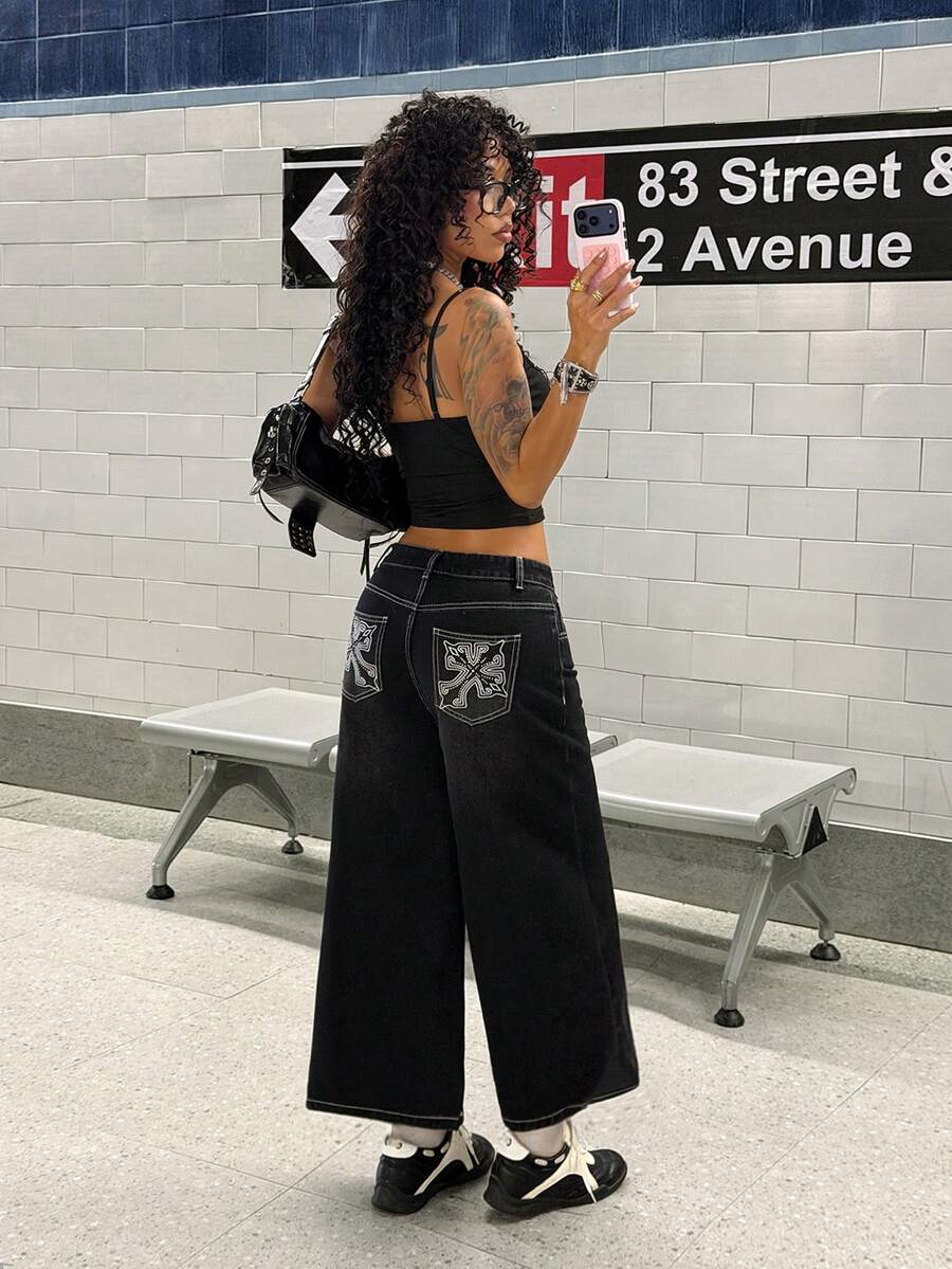 StreetHx 女士时尚复古直筒宽松牛仔裤，带腰带环 - 黑色 - 查看 1