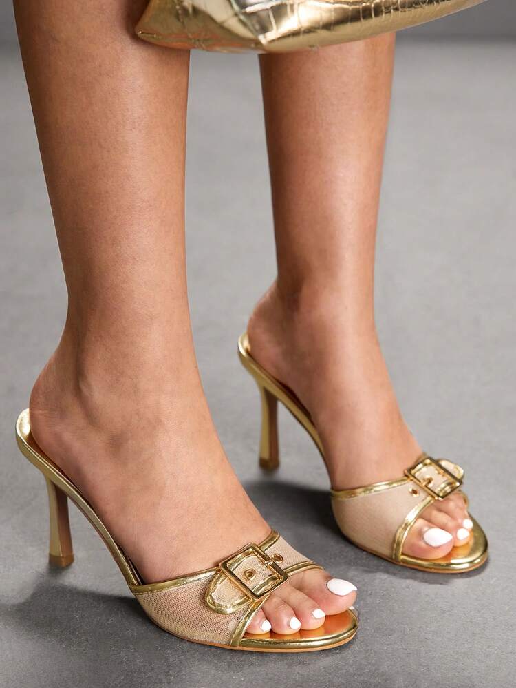 CUCCOO SZL Gold PU Mesh Splicing Gold Buckle Design Fashionable And Sexy Elegant Round Toe High Heel Slippers Prom Heels