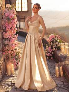 Aureia 优雅浪漫时尚卡其色缎面无肩带串珠装饰超大裙摆正式派对礼服、婚礼宾客礼服、卡其色连衣裙、时尚优雅连衣裙、伴娘礼服、正式晚礼服 - 卡其色 - 查看 10