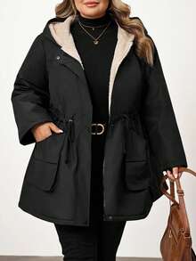 Enliva 大码女式防水长袖抓绒外套，秋冬季，适合苹果型圆臀身材 - 黑色 - 查看 6