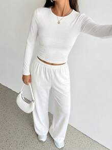 SHEIN Tall 2件組女款純色長袖上衣與長褲套裝，適合高個女性 - 白色 - 查看 4