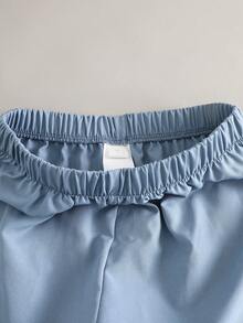 SHEIN Elladie kids 2件套少女休闲T恤和工装裤套装，蝴蝶结刺绣图案圆领短袖T恤和裤子，春夏时尚套装 - 藍色 - 查看 5