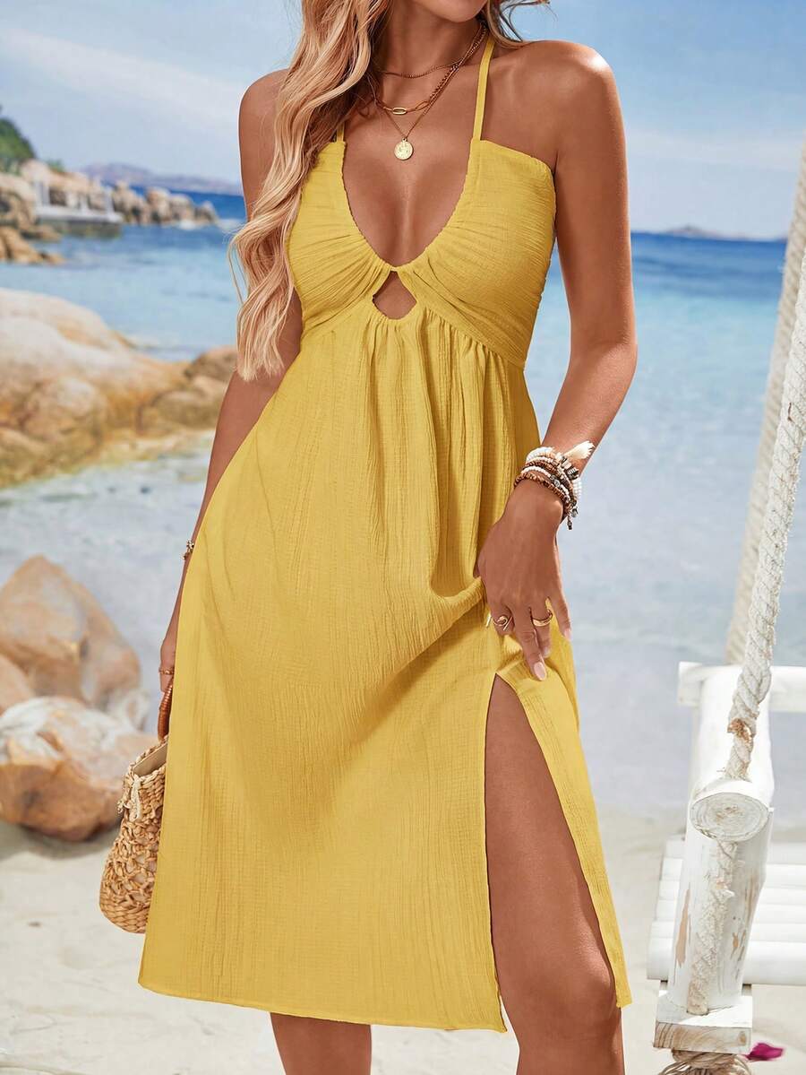 Breezaya Đầm mùa hè lãng mạn, giản dị, cổ chữ V sâu, hở lưng, buộc dây, dài đến đầu gối, không tay. - Màu Mù tạt vàng - Xem 1