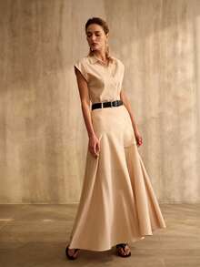 MOTF PREMIUM WOMEN'S STRIPED CASUAL SHIRT WITH WAIST BELT AND A-LINE SKIRT 2 PIECES SET, SPRING/SUMMER - Khaki - View 7