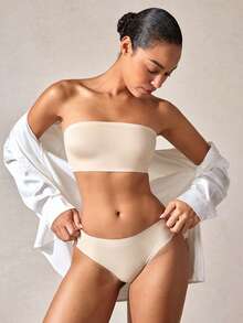 女士无肩带无缝隐形文胸抹胸文胸露背透气无钢圈文胸新娘文胸提托性感内衣 - 米色 - 查看 7