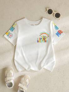 SpongeBob SquarePants | SHEIN 少女卡通印花圆领短袖休闲T恤 - 白色 - 查看 2