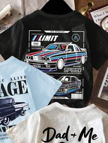 SHEIN 3pcs/Set Boys Casual Fashionable Graphic Tees,Vintage Car & Motorcycle Prints,Dad & Me Style,Loose Fit Round Neck Short Sleeve T-Shirts,Summer - Multicolor - View 3