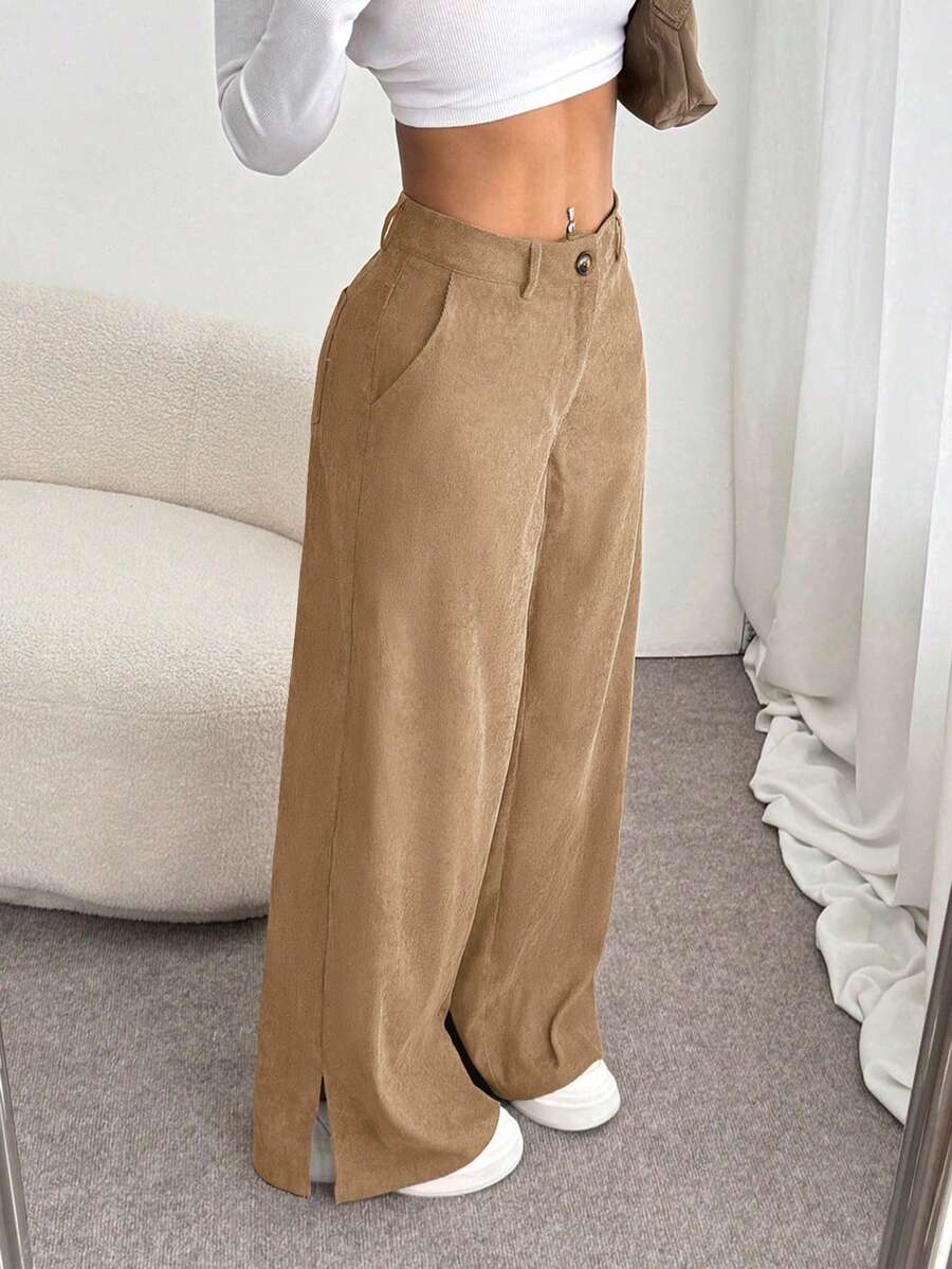SHEIN Unity 秋冬季休闲时尚灯芯绒侧开衩宽松直筒长裤（女款） - 杏色 - 查看 1