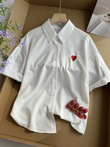 Resyla Women's Heart Embroidery Front Button Casual Versatile Roll-Up Sleeve Shirt - White - View 1