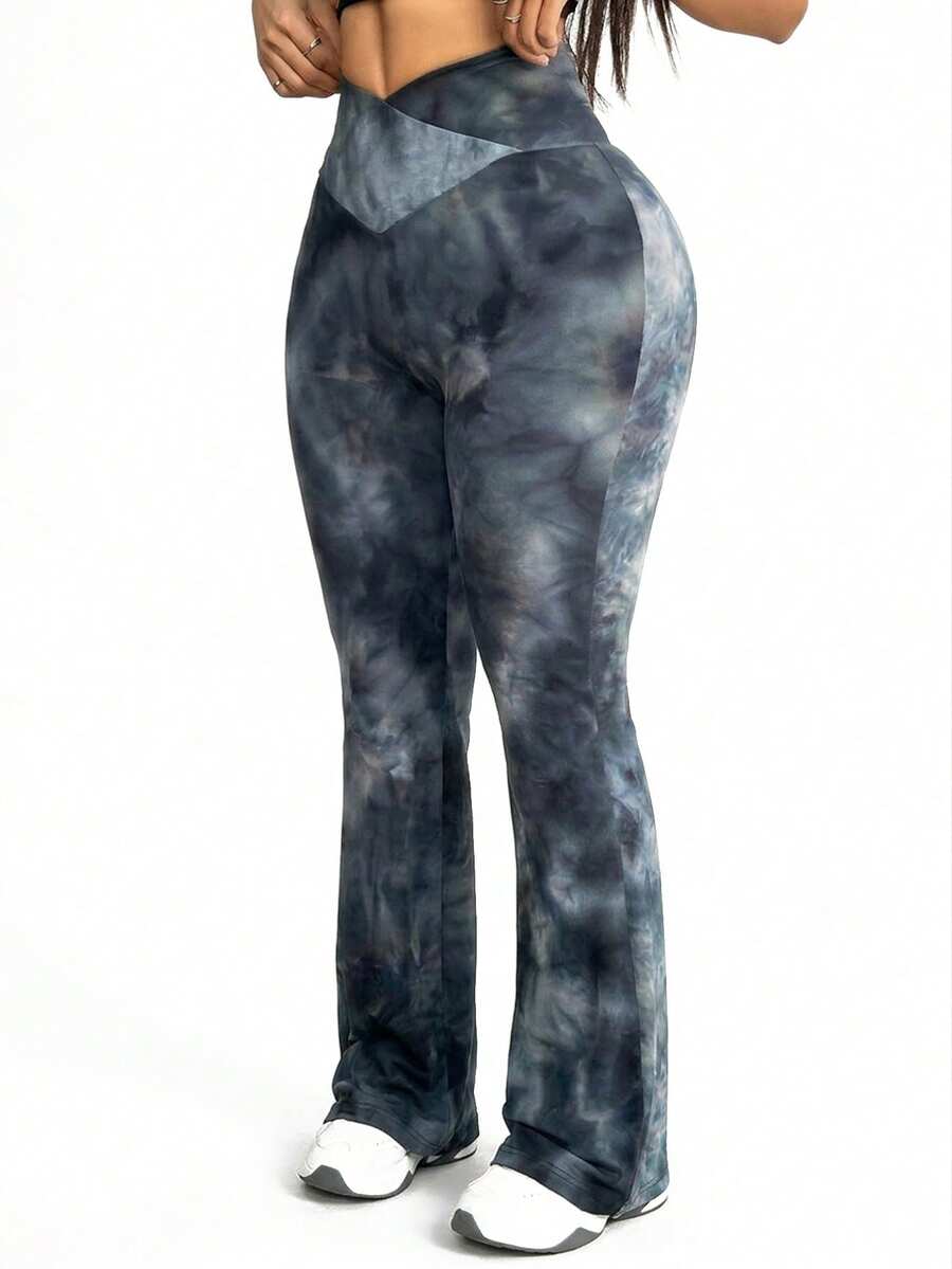 Solavibe 夏季大码扎染弹力舒适紧身喇叭裤 - 黑色 - 查看 1