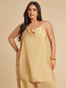 SHEIN BAE Plus Size Mustard Yellow Gold Satin Plunge Neck Backless Elegant Halter Top For Women, Summer, Wedding Guest Attire, Holiday Beach Wear, Curve Top - Orange - View 4