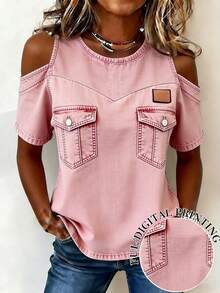 EMERY ROSE 新款粉色牛仔效果露肩休闲性感百搭常规女式衬衫 - 彩色 - 查看 1