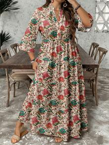 SHEIN LUNE Vintage Floral Casual Minimalist Elegant Plus Size Dress, Suitable For Vacation - Multicolor - View 4