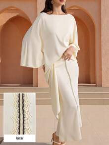Elegant Long Sleeve Asymmetrical Hem Blouse & Fitted Skirt 2 Pieces Set, Flattering & Fashionable - Apricot - View 1