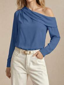 BizChic 女士不对称褶皱垂坠宽松长袖缎面衬衫，简约都市通勤必备单品，优雅时尚商务休闲装，适合教师及办公室穿着。 - 霧霾藍 - 查看 2