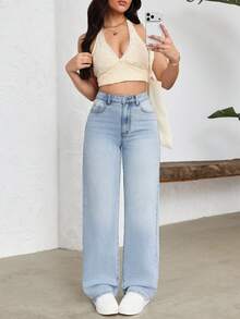 SHEIN Tall Quần jeans nữ cạp cao, có túi, ống rộng, dáng suông, thoải mái, đa năng. - Rửa nhẹ - Xem 5