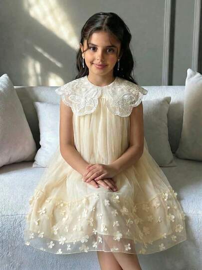 SHEIN Tween Girl Elegant Faux Pearl Embellished Collar Flare Dress, Apricot Color, Spring/Summer