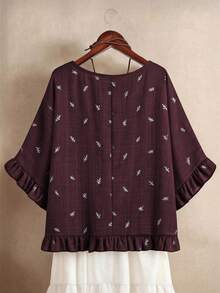SHEIN EMERY ROSE CURVE 大码女式休闲度假风花卉刺绣荷叶袖宽松衬衫，春夏秋季 Z65c7 码女装折扣女式衬衫新款优雅 Yk2k 上衣 Zanzea 女式衬衫刺绣上衣叶子印花上衣荷叶袖上衣酒红色上衣女式上衣 Zanzea 裤装和衬衫套装女式衬衫休闲优雅女式衬衫 Zanzea T 恤 - 棕色 - 查看 2