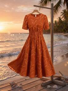 Ellevyn Orange Silhouette Floral Jacquard Romantic Vacation Elegant A-Line Dress - Burnt Orange - View 8