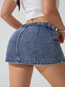 SHEIN ICON Plus Size Women Deep Blue Washed Denim Mini Skirt - Dark Wash - View 2