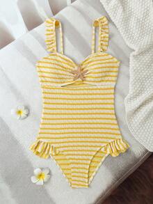 Bộ đồ bơi liền thân cho bé gái tuổi teen, màu vàng và trắng kẻ sọc, chất liệu vải co giãn đặc biệt. - Màu vàng - Xem 3