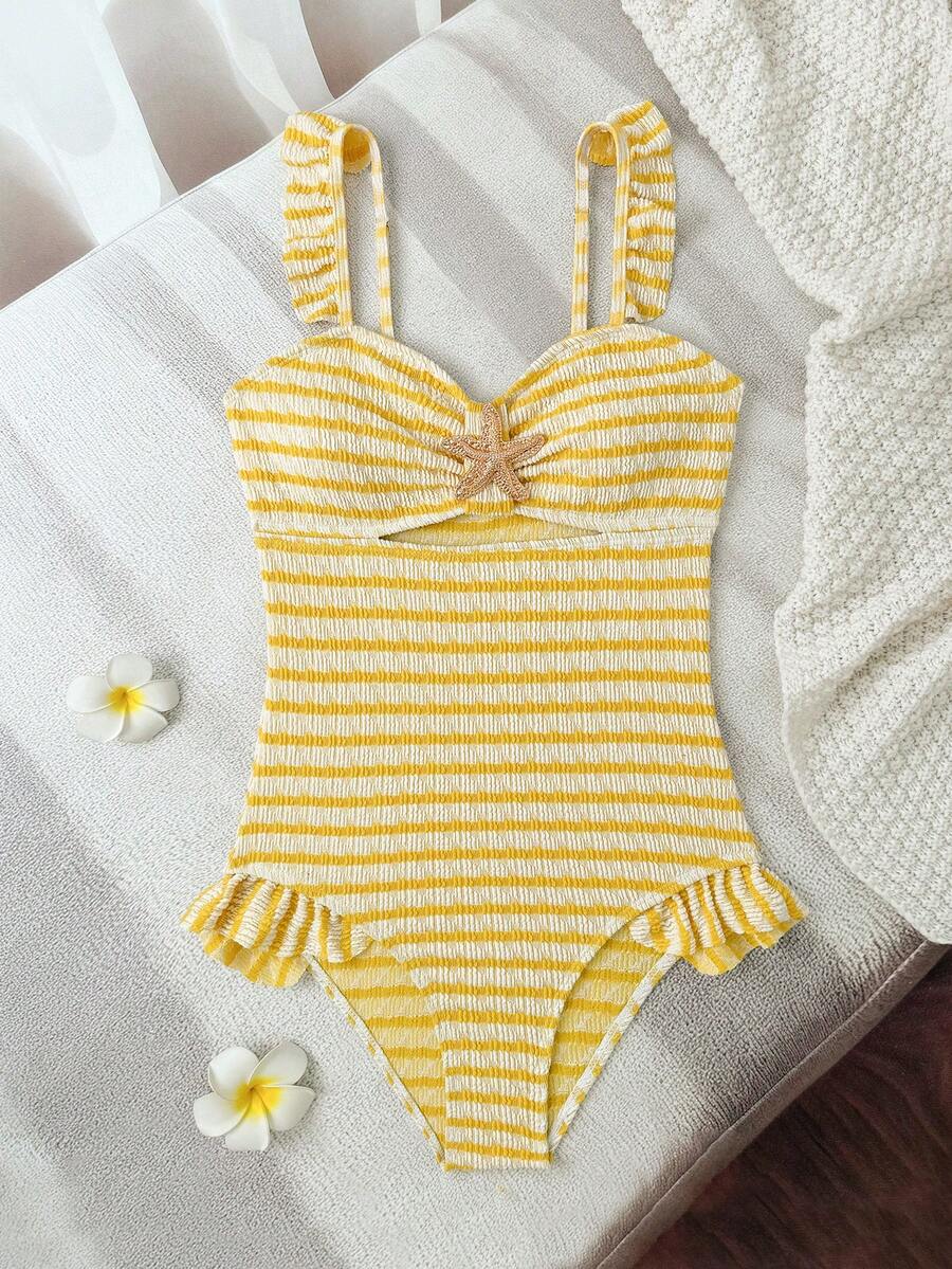 Bộ đồ bơi liền thân cho bé gái tuổi teen, màu vàng và trắng kẻ sọc, chất liệu vải co giãn đặc biệt. - Màu vàng - Xem 1