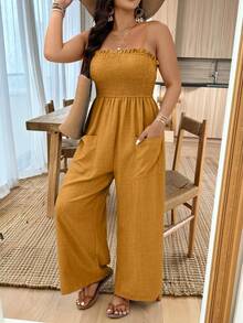 Weeklong Plus Size Women Textured Fabric Jumpsuit With Spaghetti Straps, Suitable For Vacation - Yellow - View 4