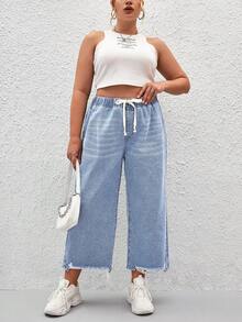 EMERY ROSE Mature Denim Plus Size Women Drawstring Waist Wide Leg Loose Casual Jeans - Light Wash - View 5