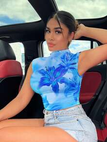 SHEIN SXY Casual Minimalist Blue Floral Print Asymmetric Women T-Shirt, Suitable For Summer Vacation,Summer Top Premium Tops Women's Sleeveless Graphic - Multicolor - View 5