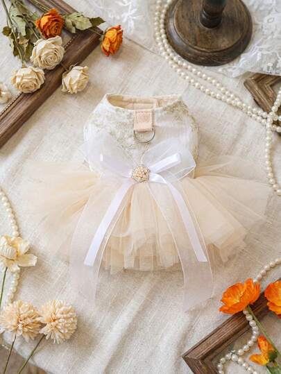 PETSIN 1件宠物奢华公主婚纱，金色花朵刺绣珍珠蝴蝶结装饰，春夏薄款，D扣设计，猫狗通用服装