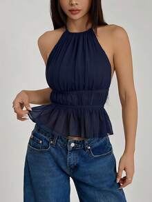 SHEIN PETITE Women's Pleated Halter Neckline Waist-Tied Backless Tank Top - Navy Blue - View 6