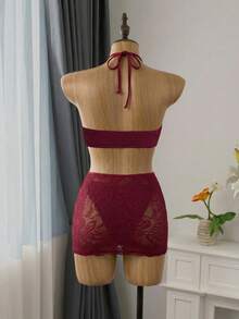 Bellisia 女士夏季酒红色复古蕾丝镂空泳装套装，柔和的酒红色，配有可调节肩带，系带褶皱上衣和抽绳荷叶边裙，透视蕾丝质感，性感休闲的海滩度假风 - 酒紅色 - 查看 2