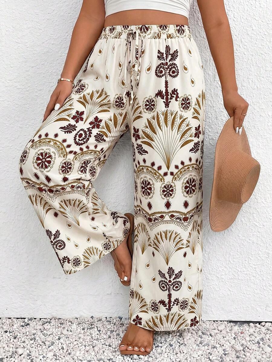 SHEIN Frenchy Pantalones anchos con cintura con cordón y estampado para mujer de talla grande - Multicolor - Ver 1