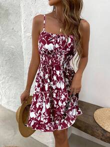 Breezaya Vestido mini con tirantes estampado floral vintage, elegante y versátil para vacaciones que estiliza y ilumina - Rojo - Ver 5
