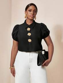 Juhart Plus Size Women Black And Gold Metal Button Short Petal Sleeve Blouse,Elegant Summer Designer Top For Dinner,Work,Party,Classy Button Up Shirts - Black - View 5