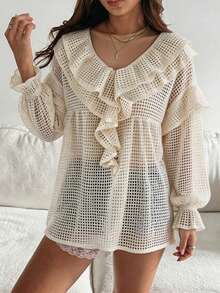 FRIFUL Women's Sheer Mesh Ruffle Collar & Cuff Loose Casual Versatile Blouse, Peach Color, Loose Fit Ruffle Hem Shirt, Cute Summer Top, Spring/Summer Long Sleeve Tops Women - Apricot - View 10