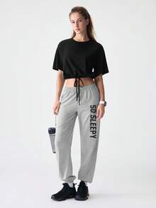 SHEIN 落肩抽绳下摆 T 恤和字母图案裤休闲套装 - 彩色 - 查看 1