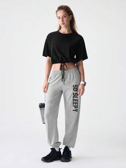 SHEIN 落肩抽绳下摆 T 恤和字母图案裤休闲套装