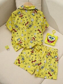 SpongeBob SquarePants | SHEIN 女童撞色拼接卡通印花舒适家居服 - 黃色 - 查看 2