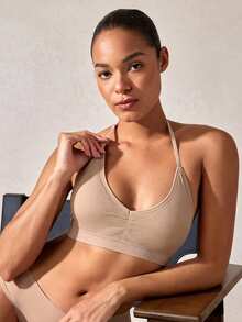 Veilyse 1pc Seamless Ribbed Racerback V-Neck Sports Bra, Removable Pads, Soft Comfortable Breathable Yoga Brafor Summerfor Summer - Khaki - View 10