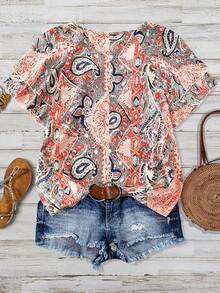 Linhara Áo kiểu nữ cỡ lớn họa tiết hoa điều tay bồng đôi - Nhiều màu - Xem 2