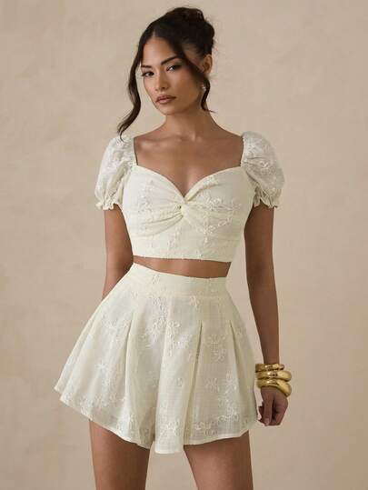 Glamine Conjunto de 2 piezas de top corto con cuello de corazón retorcido y falda pantalón para mujer