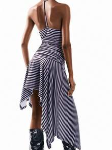 Airlisse Women's Striped Halter Asymmetric Hem Dress - Grey - View 2