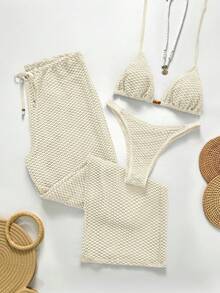 Swim Chiccia 女士纯色泳衣套装，适合度假和海滩穿着 - 米色 - 查看 1