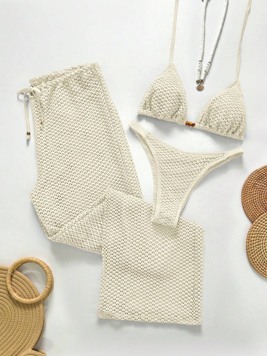 Swim Chiccia 女士纯色泳衣套装，适合度假和海滩穿着 - 米色 - 查看 1