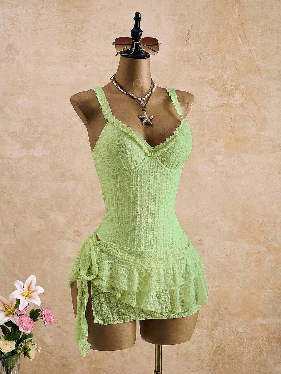 Bellisia Women's Ivory Lace Trim Vacation Skirt Set - Green - View 1